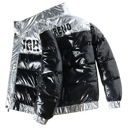 Men's Glossy Thickened Parka Jacket with Stand Collar