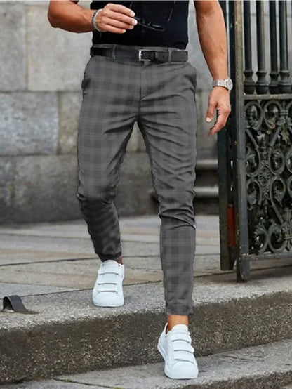 Men's Checkered Plaid Trousers - Mid-Fashion Elastic Waist Pants