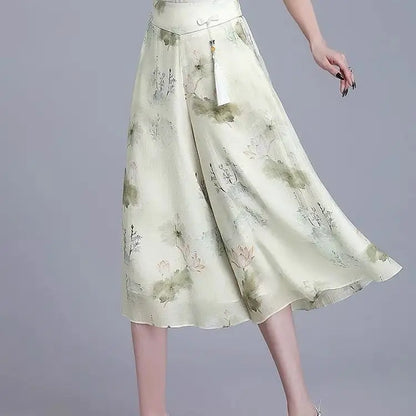 Women's Floral Maxi Skirt - High Elastic Waist, Loose Wide Leg Design