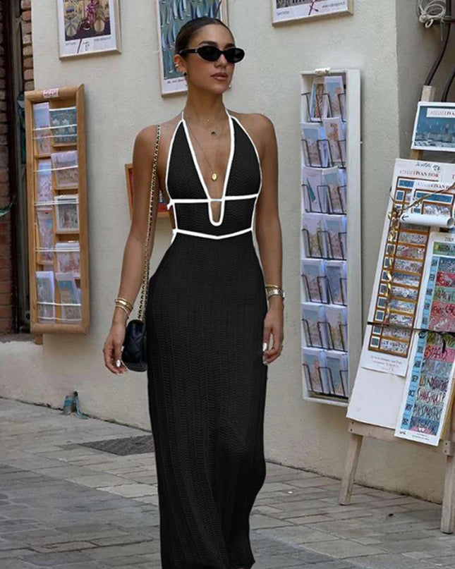 Weird Puss Elegant Halter Dress for Women - Backless Lace-Up Design
