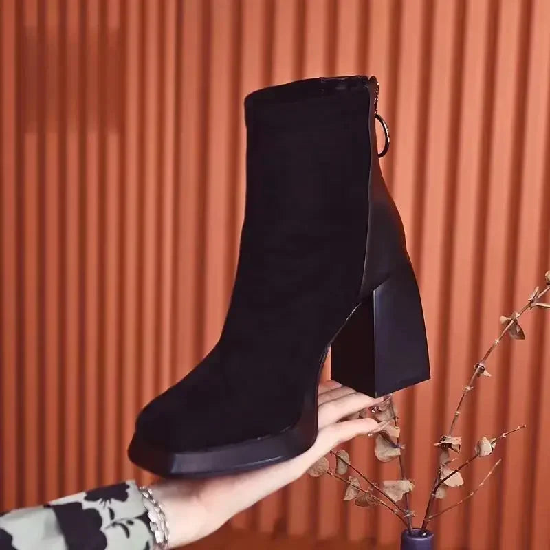 Women's Platform Short Boots – Casual Square Toe Chunky Heel