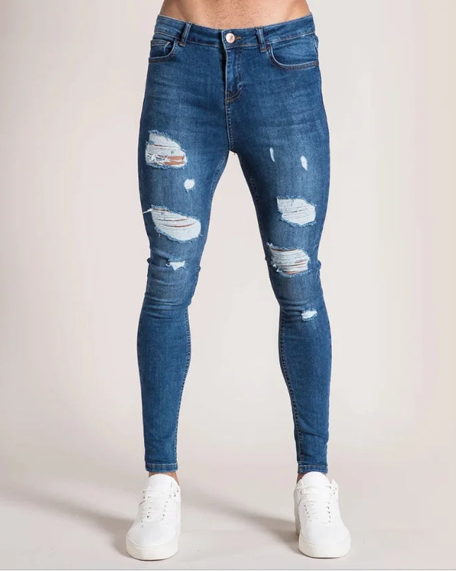 Men's Skinny Slim Fit Ripped Denim Jeans with Stretch, Hole & Patchwork Design