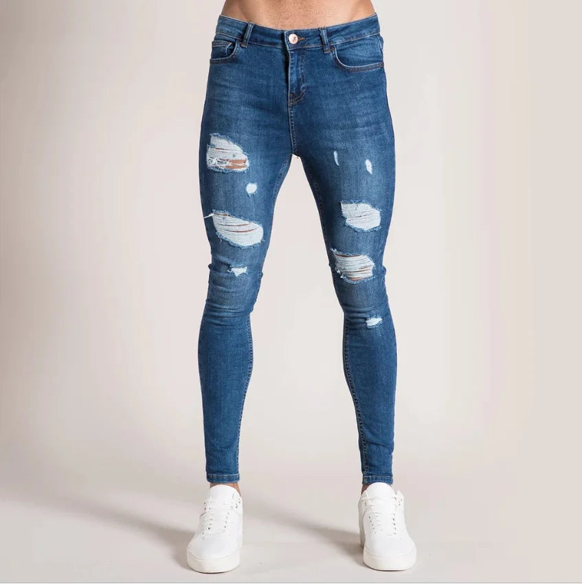 Men's Skinny Slim Fit Ripped Denim Jeans with Stretch, Hole & Patchwork Design