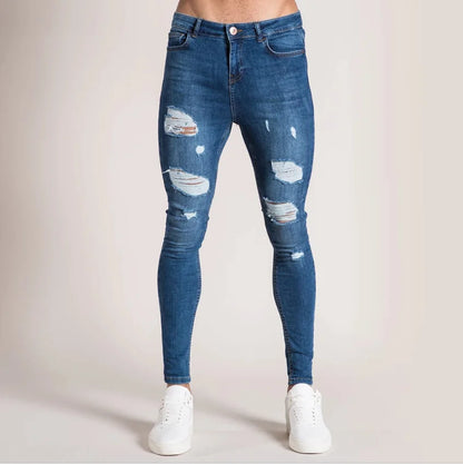 Men's Skinny Slim Fit Ripped Denim Jeans with Stretch, Hole & Patchwork Design