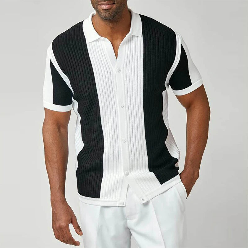 Men's Breathable Striped Knit Patchwork Polo Shirt - Short Sleeve Button-Up