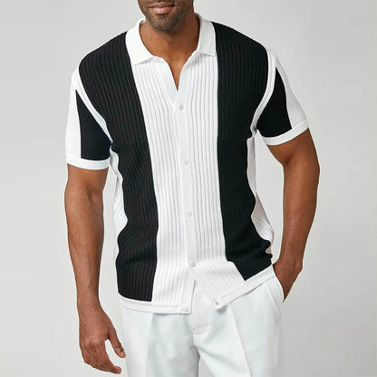 Men's Breathable Striped Knit Patchwork Polo Shirt - Short Sleeve Button-Up