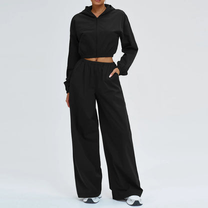Women’s Two-Piece Set: Zipper Hooded Cropped Jacket and Wide-Leg Pants