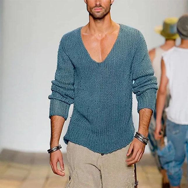 Men's Long Sleeve V-Neck Loose Knit Sweater