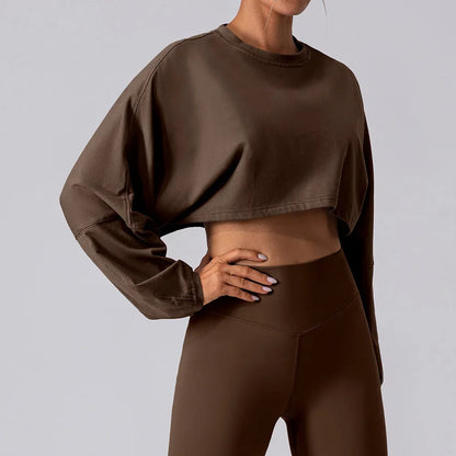 Women's Long Sleeve Sports Crop Top - Loose Fit Athletic Sweater