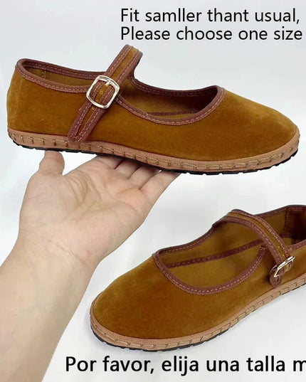 Velvet Mary Jane Flats for Women - Hand-Stitched Casual Shoes