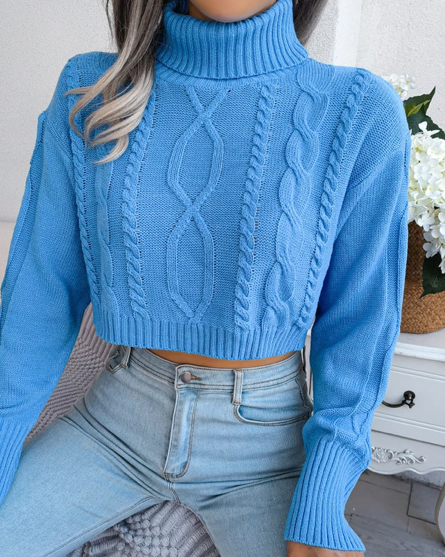Women’s Long Sleeve Turtleneck Sweater – Casual Knitted Cropped Top