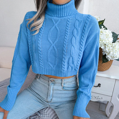 Women’s Long Sleeve Turtleneck Sweater – Casual Knitted Cropped Top