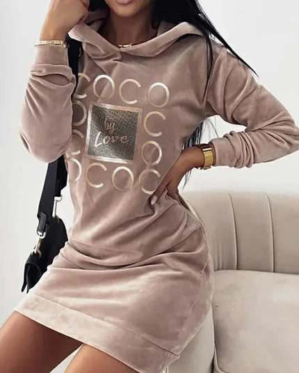 Women’s Long Sweater Dress with LOVE Print, Hooded and Loose Fit