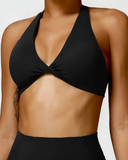 Women's Nylon Halter Sports Bra with Front Twist, Padded and Supportive Bralette for Activewear