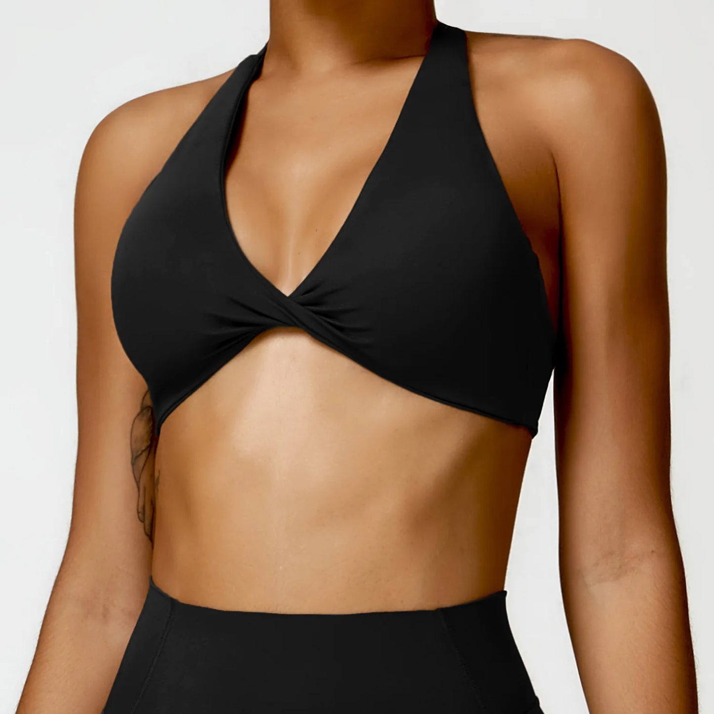 Women's Nylon Halter Sports Bra with Front Twist, Padded and Supportive Bralette for Activewear