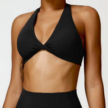 Women's Nylon Halter Sports Bra with Front Twist, Padded and Supportive Bralette for Activewear