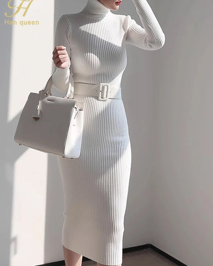 Han Queen Women's Knitted Turtleneck Bodycon Dress with Belt