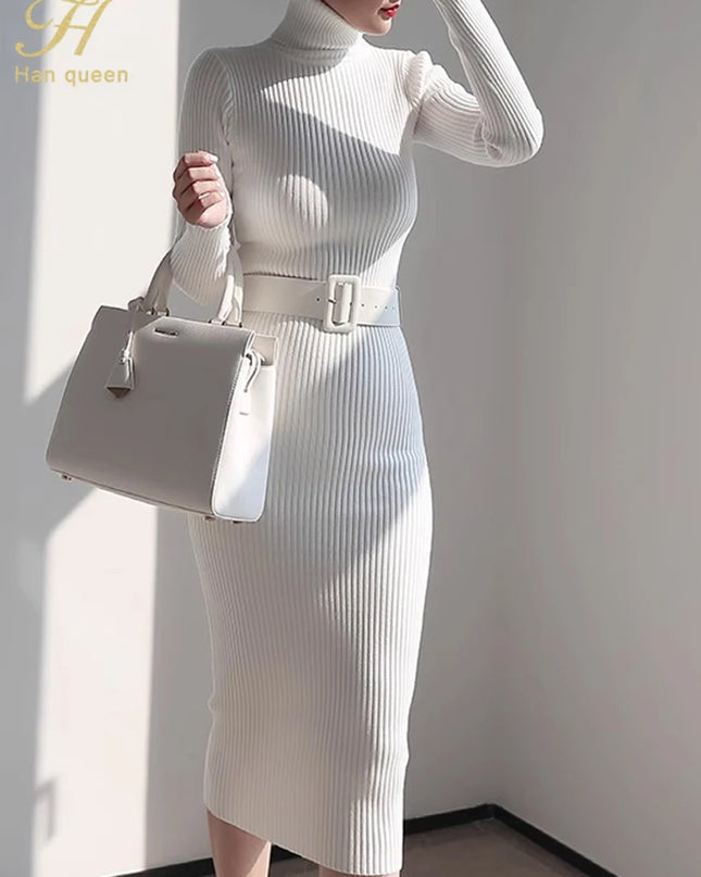 Han Queen Women's Knitted Turtleneck Bodycon Dress with Belt