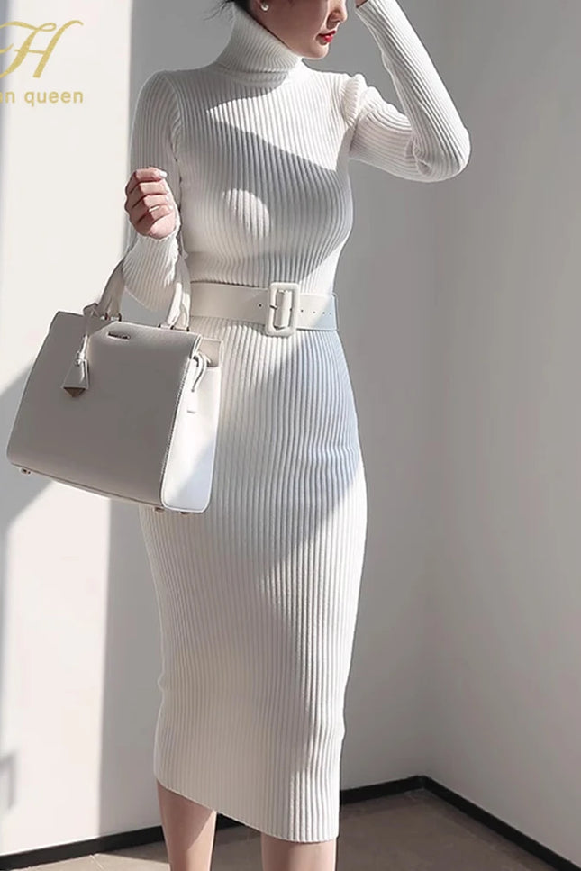 Han Queen Women's Knitted Turtleneck Bodycon Dress with Belt