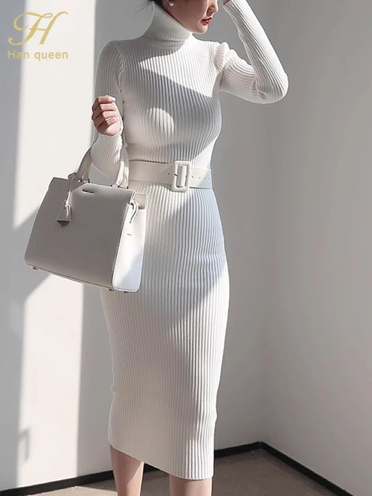 Han Queen Women's Knitted Turtleneck Bodycon Dress with Belt