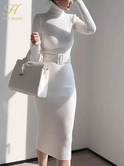 Han Queen Women's Knitted Turtleneck Bodycon Sweater Dress