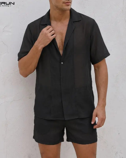 INCERUN Men’s Two-Piece Sheer Short-Sleeve Shirt and Shorts Set