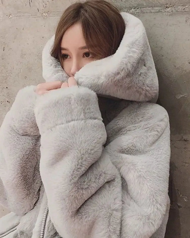 Women's Loose Plush Faux Fur Hooded Jacket