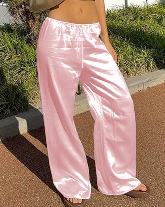 Women's Satin Wide Leg Pants - Casual High Waist Elastic Waistline
