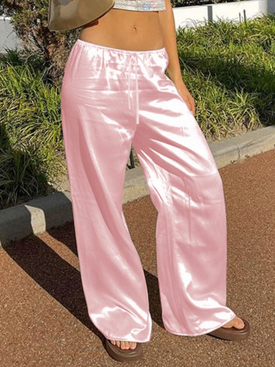 Women's Satin Wide Leg Pants - Casual High Waist Elastic Waistline
