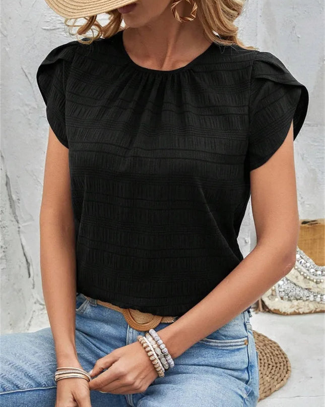 Women's Short Sleeve Loose Fit Round Neck Petal Sleeve Blouse