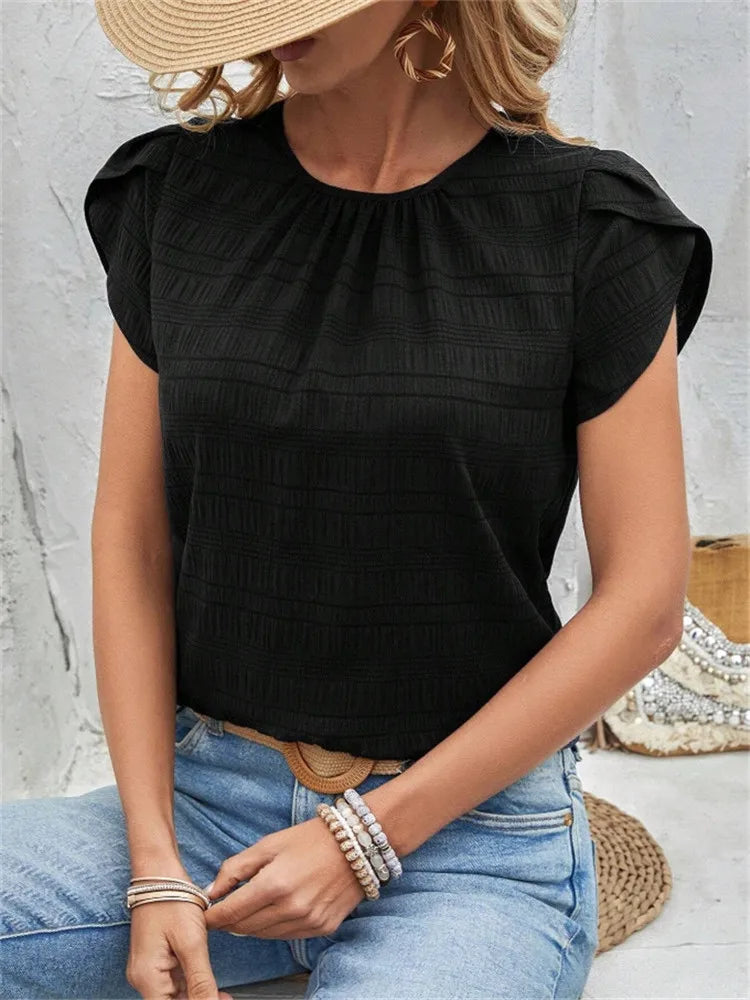 Women's Short Sleeve Loose Fit Round Neck Petal Sleeve Blouse