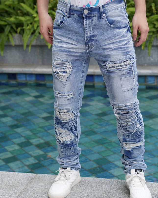 Men's Wide Leg Jeans with Distressed and Patched Design