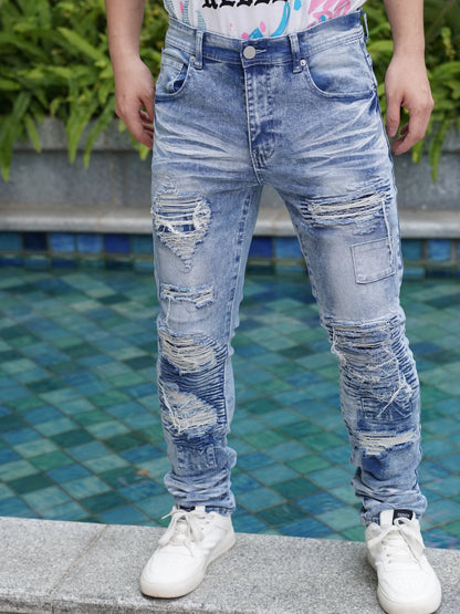 Men's Wide Leg Jeans with Distressed and Patched Design