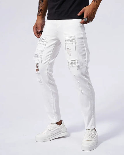 Men's Skinny Elastic Ripped Hole Denim Jeans