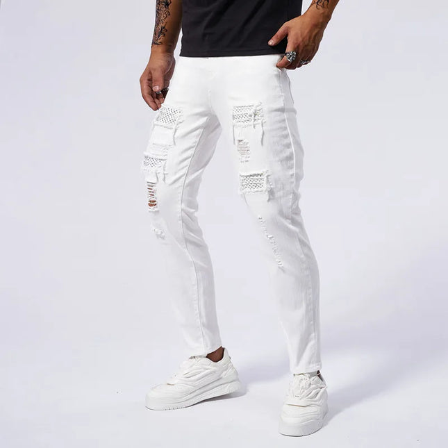 Men's Skinny Elastic Ripped Hole Denim Jeans