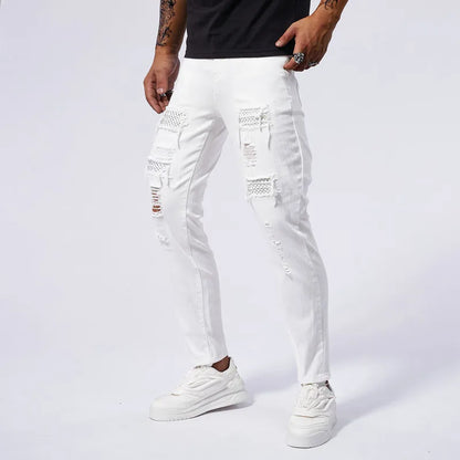 Men's Skinny Elastic Ripped Hole Denim Jeans