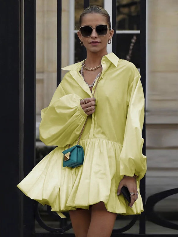 Women's Short Dress with Lapel Collar, Puff Long Sleeves, Split-Joint Pleated Shirt Dress