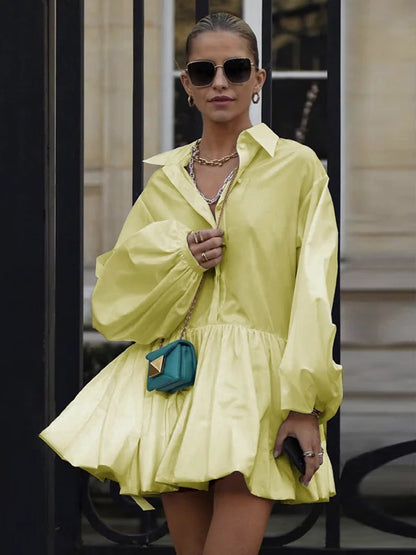 Women's Short Dress with Lapel Collar, Puff Long Sleeves, Split-Joint Pleated Shirt Dress