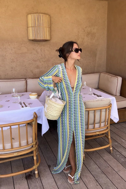 Striped Maxi Dress for Women with Flare Sleeves and High Split