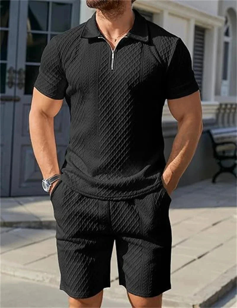 Men's Two-Piece Jacquard Polo Set - Half Zip Polo T-Shirt & Shorts Combo for Men