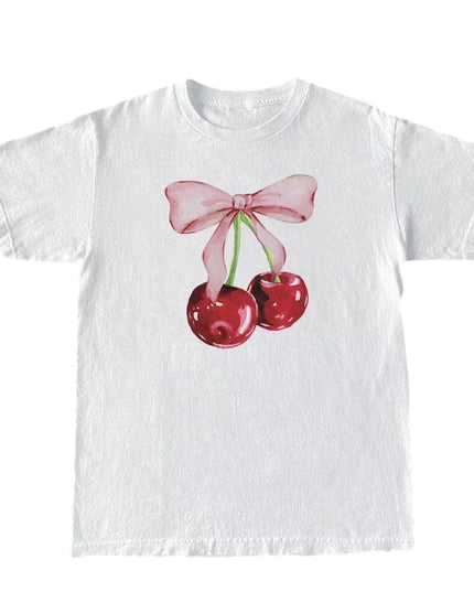 Women's Cherry Print Retro T-Shirt - Loose Half-Sleeve Top
