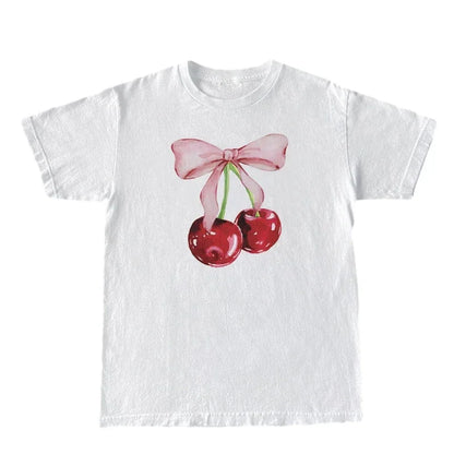 Women's Cherry Print Retro T-Shirt - Loose Half-Sleeve Top