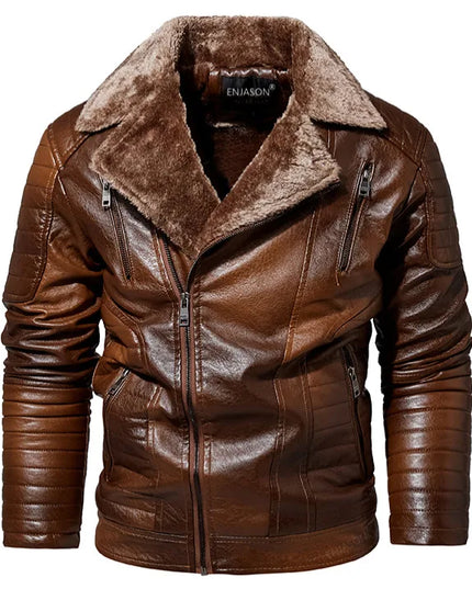 Men's Faux Leather Jacket with Fleece Fur Collar - Various Colors