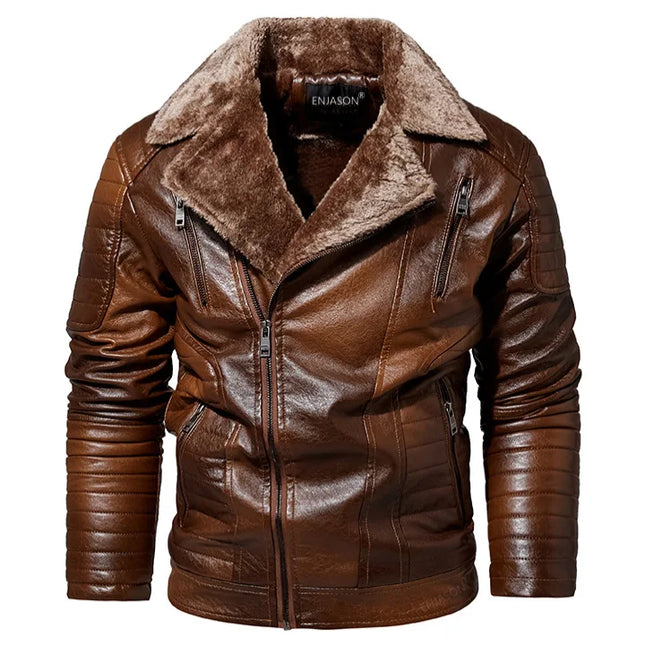 Men's Faux Leather Jacket with Fleece Fur Collar - Various Colors