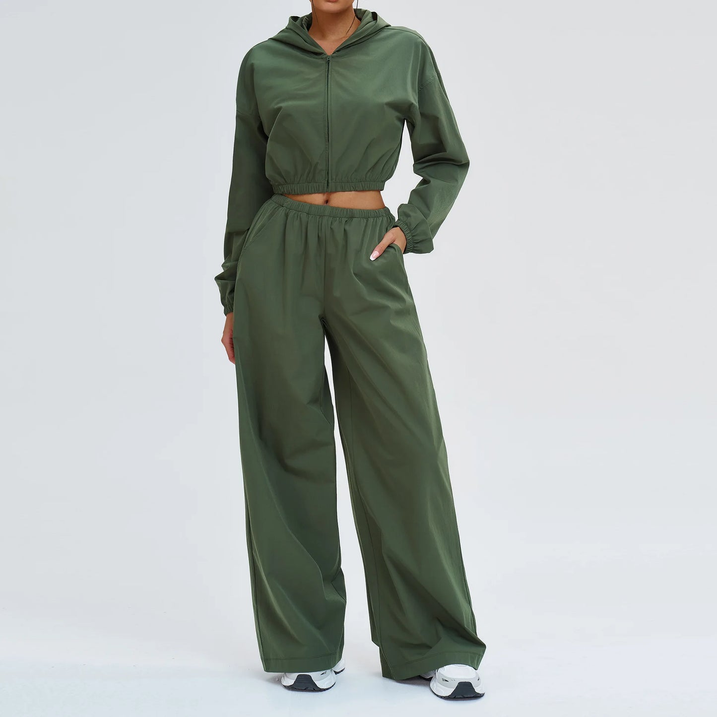 Women’s Two-Piece Set: Zipper Hooded Cropped Jacket and Wide-Leg Pants