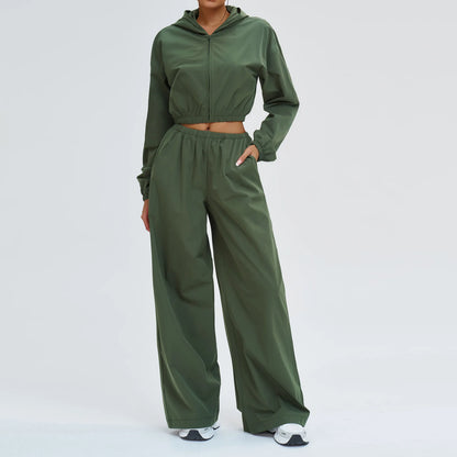 Women’s Two-Piece Set: Zipper Hooded Cropped Jacket and Wide-Leg Pants