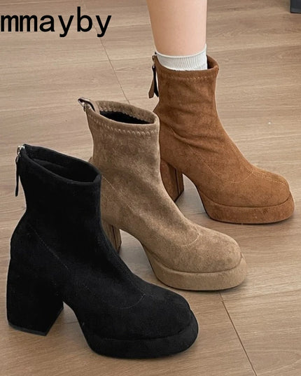 Ohmmayby Stylish Women’s Ankle Boots with Platform Square High Heels