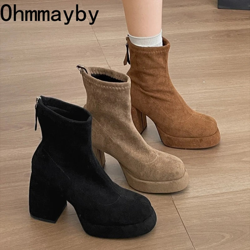 Ohmmayby Stylish Women’s Ankle Boots with Platform Square High Heels