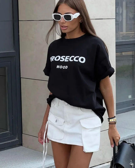 Cotton "Prosecco Mood" Print T-Shirt for Women - Casual Loose Fit Tee by Hirsionsan
