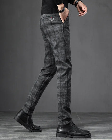 Men's Slim Fit Elastic Waist Brushed Plaid Pants